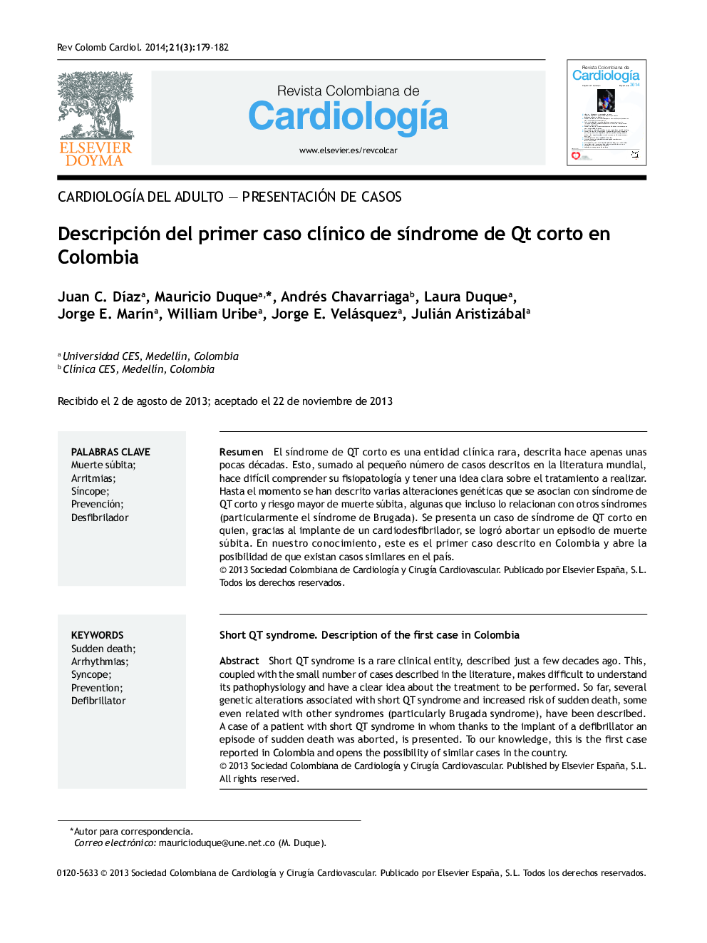 Descripción del primer caso clínico de síndrome de Qt corto en Colombia