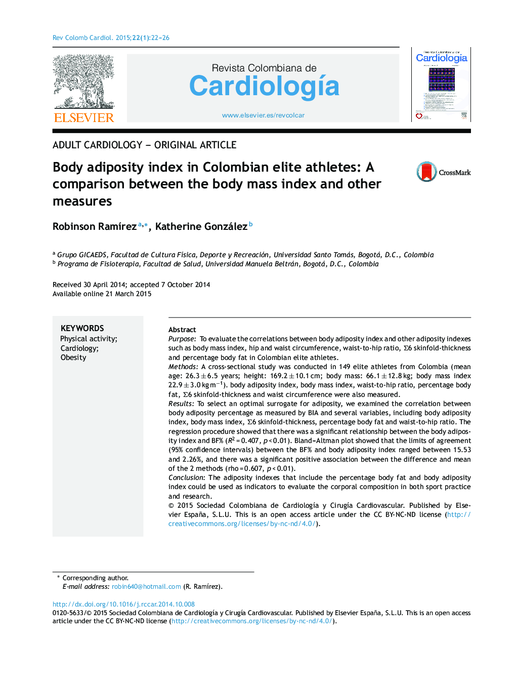 Body adiposity index in Colombian elite athletes: A comparison between the body mass index and other measures