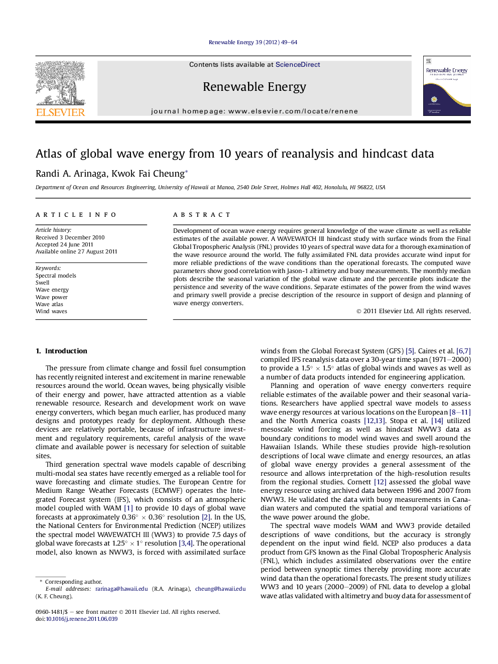 Atlas of global wave energy from 10 years of reanalysis and hindcast data