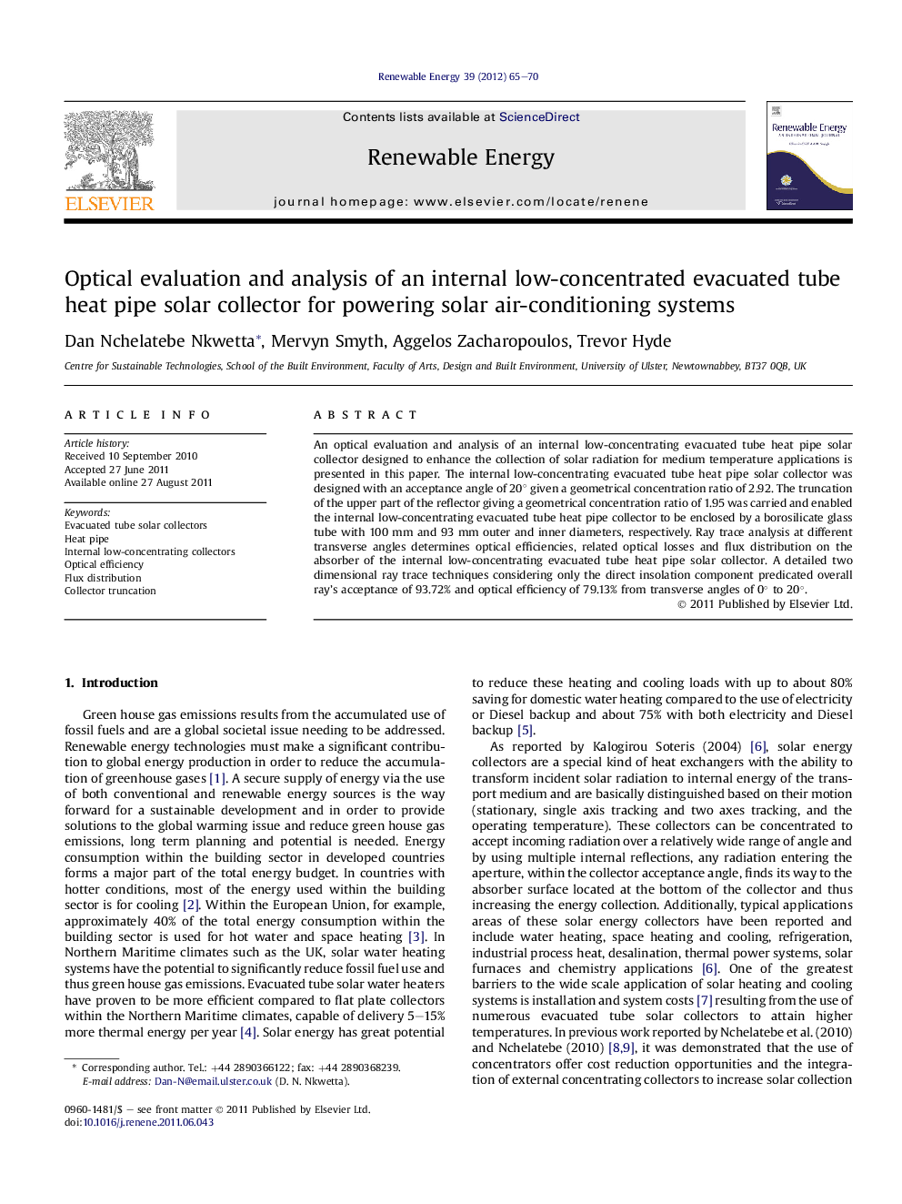 Optical evaluation and analysis of an internal low-concentrated evacuated tube heat pipe solar collector for powering solar air-conditioning systems