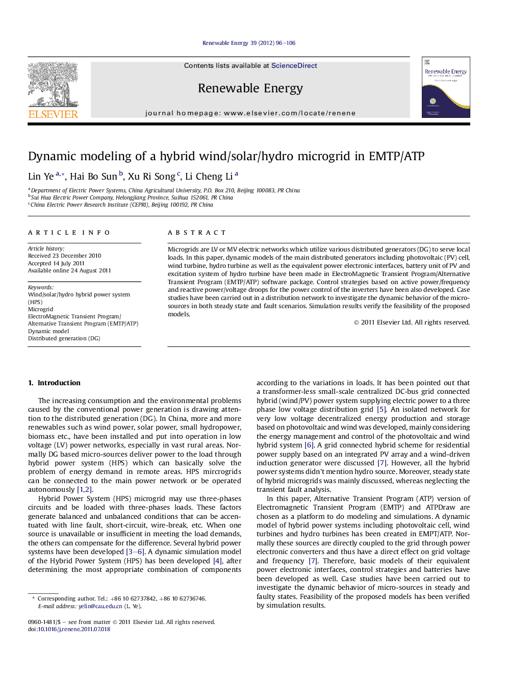 Dynamic modeling of a hybrid wind/solar/hydro microgrid in EMTP/ATP