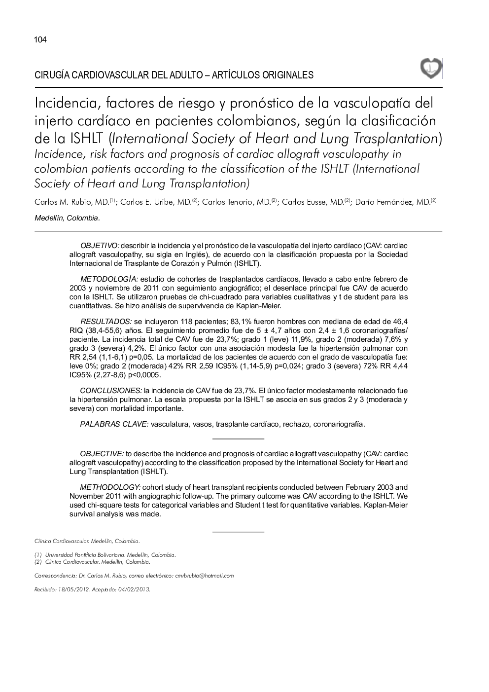 Incidencia, factores de riesgo y pronóstico de la vasculopatía del injerto cardíaco en pacientes colombianos, según la clasificación de la ISHLT (International Society of Heart and Lung Trasplantation)