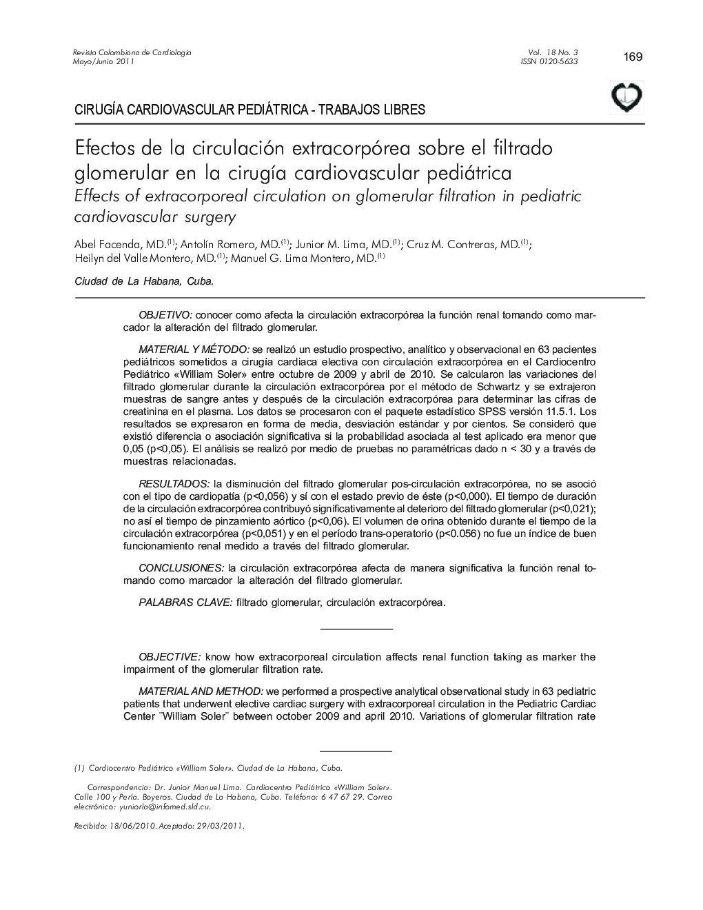 Efectos de la circulación extracorpórea sobre el filtrado glomerular en la cirugía cardiovascular pediátrica