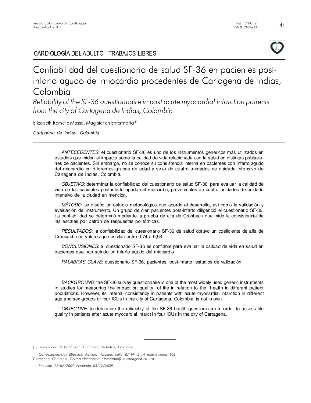 Confiabilidad del cuestionario de salud SF-36 en pacientes postinfarto agudo del miocardio procedentes de Cartagena de Indias, Colombia