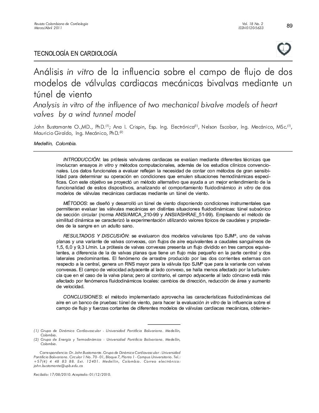 Análisis in vitro de la influencia sobre el campo de flujo de dos modelos de válvulas cardiacas mecánicas bivalvas mediante un túnel de viento