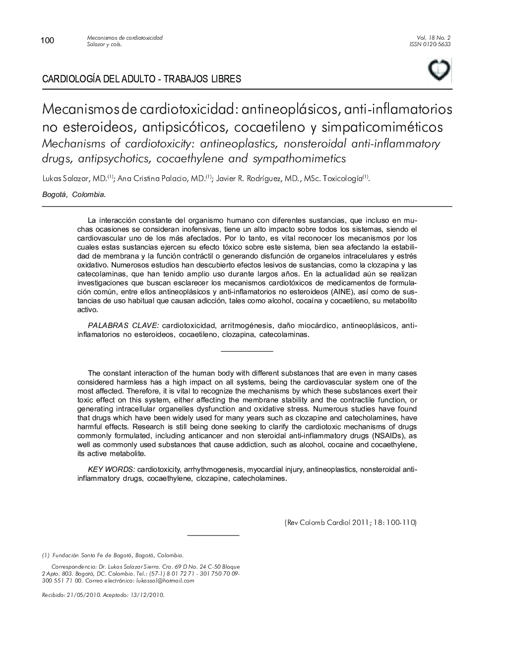 Mecanismos de cardiotoxicidad: antineoplásicos, anti-inflamatorios no esteroideos, antipsicóticos, cocaetileno y simpaticomiméticos