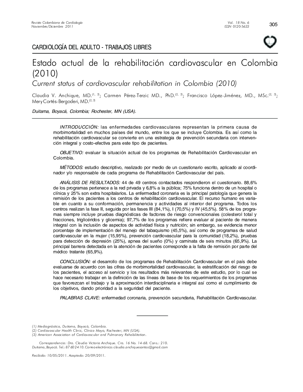 Estado actual de la rehabilitación cardiovascular en Colombia (2010)