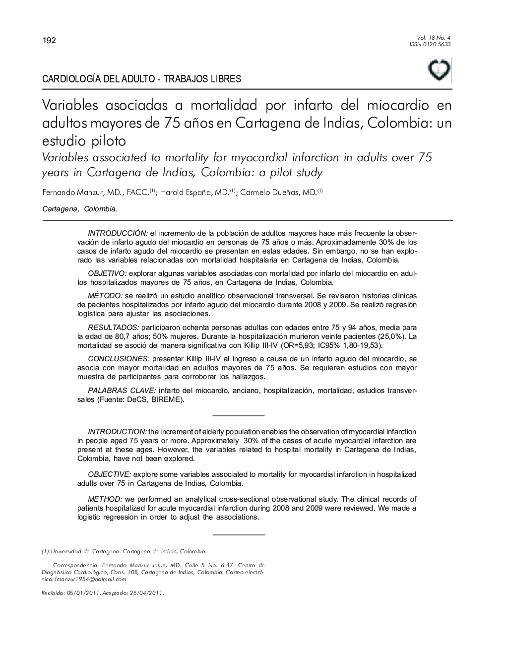 Variables asociadas a mortalidad por infarto del miocardio en adultos mayores de 75 años en Cartagena de Indias, Colombia: un estudio piloto