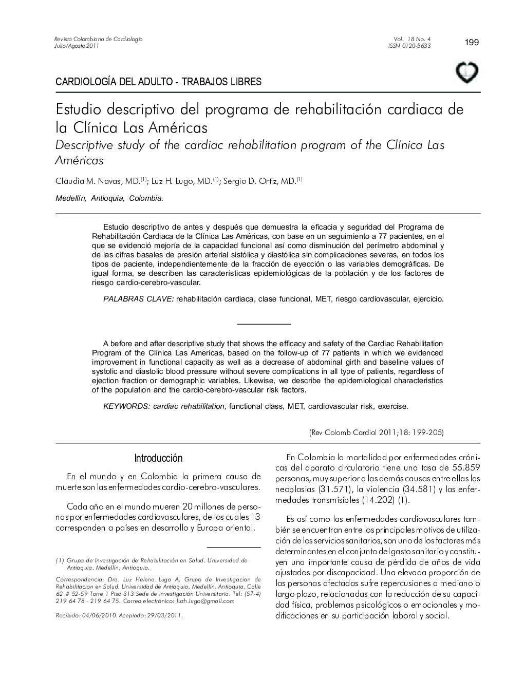 Estudio descriptivo del programa de rehabilitación cardiaca de la Clínica Las Américas