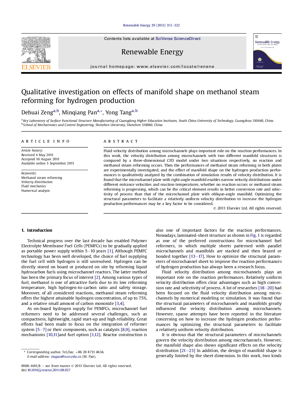 عکس صفحه اول مقاله: Qualitative investigation on effects of manifold shape on methanol steam reforming for hydrogen production Qualitative investigation on effects of manifold shape on methanol steam reforming for hydrogen production