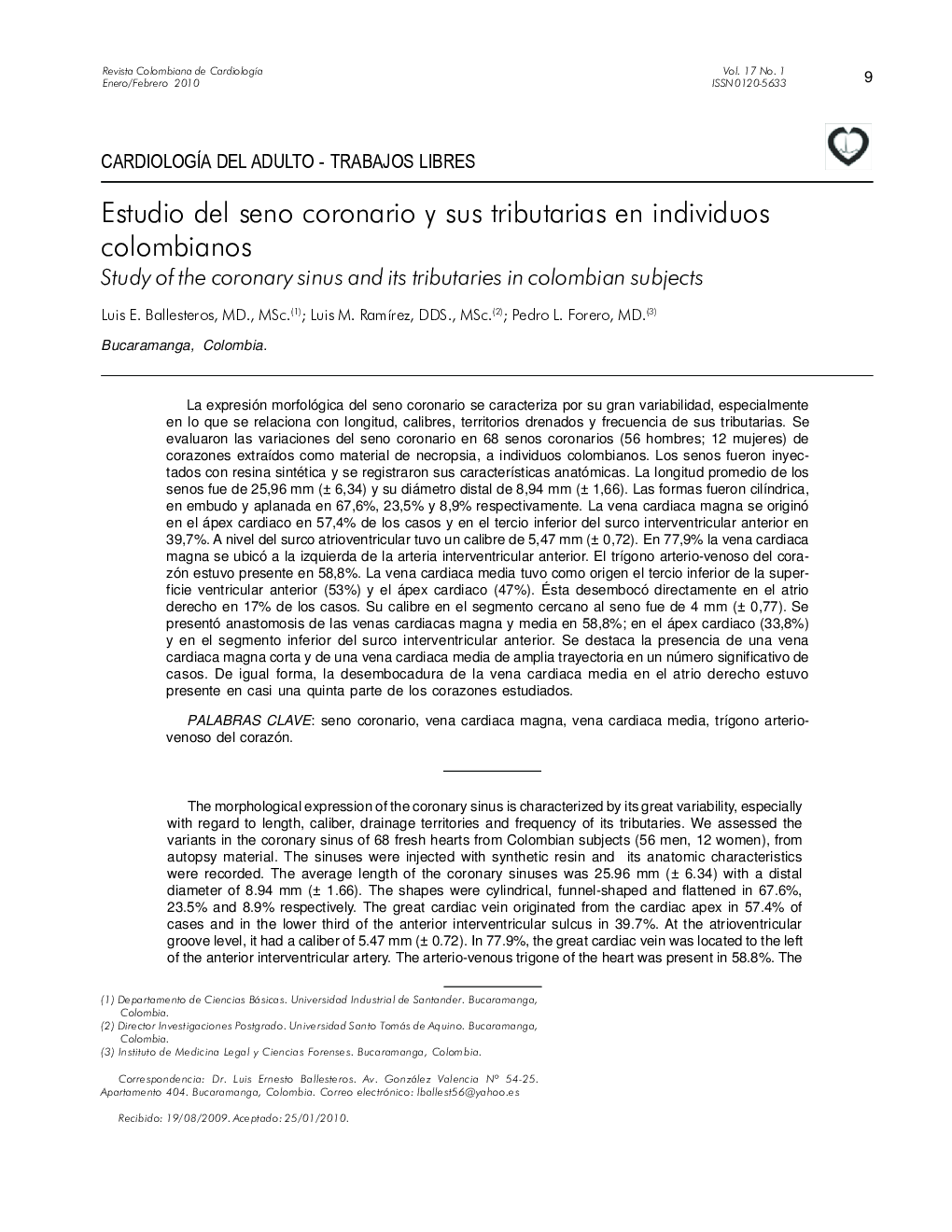 Estudio del seno coronario y sus tributarias en individuos colombianos