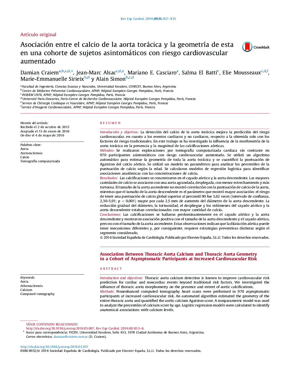 Asociación entre el calcio de la aorta torácica y la geometría de esta en una cohorte de sujetos asintomáticos con riesgo cardiovascular aumentado