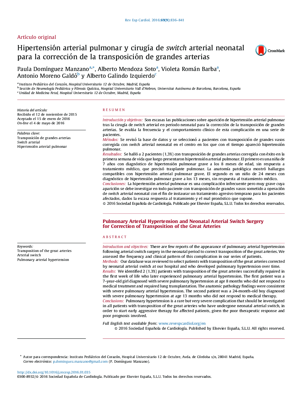 Hipertensión arterial pulmonar y cirugía de switch arterial neonatal para la corrección de la transposición de grandes arterias