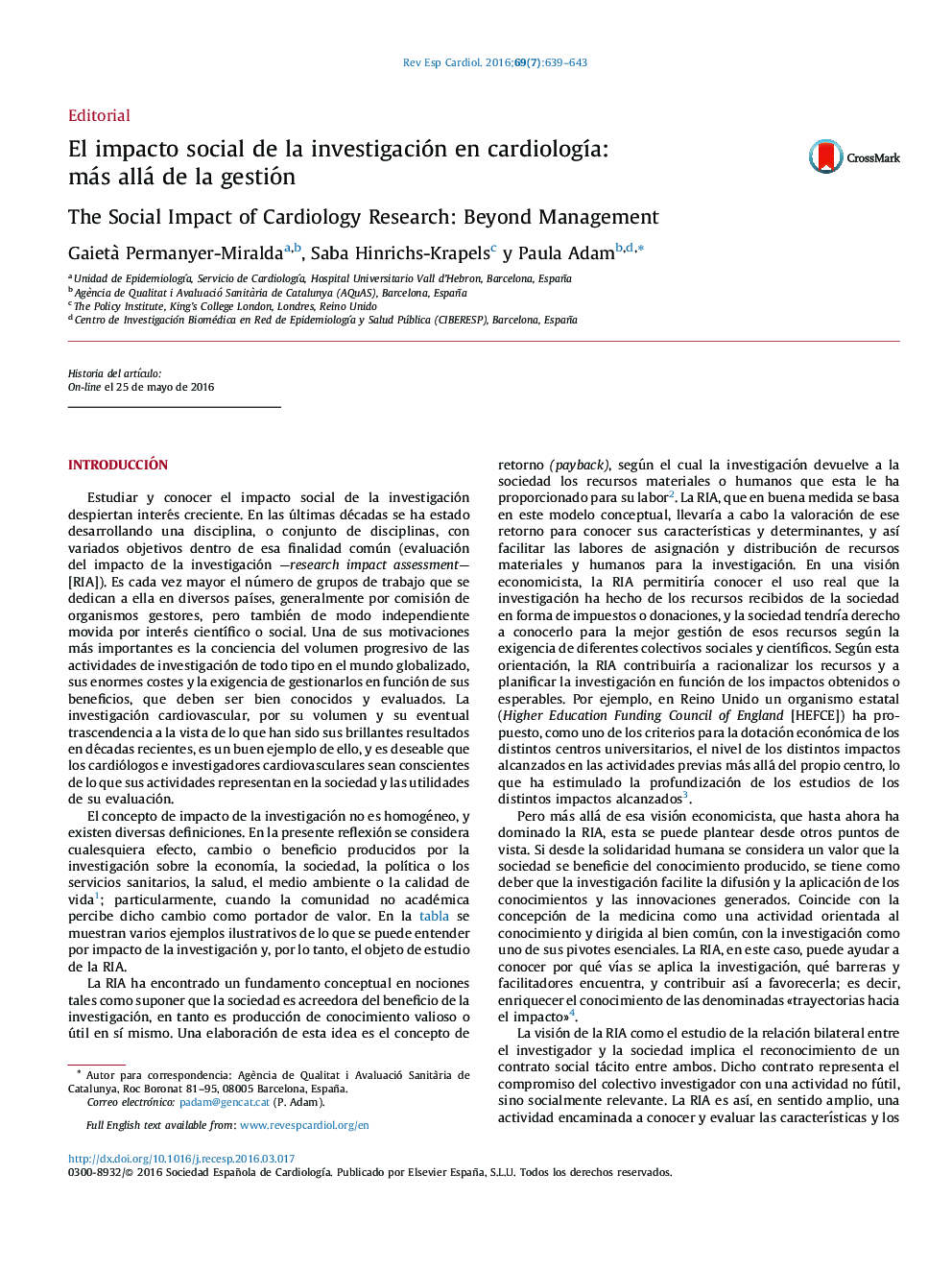 El impacto social de la investigación en cardiologÃ­a: másÂ allá de la gestión