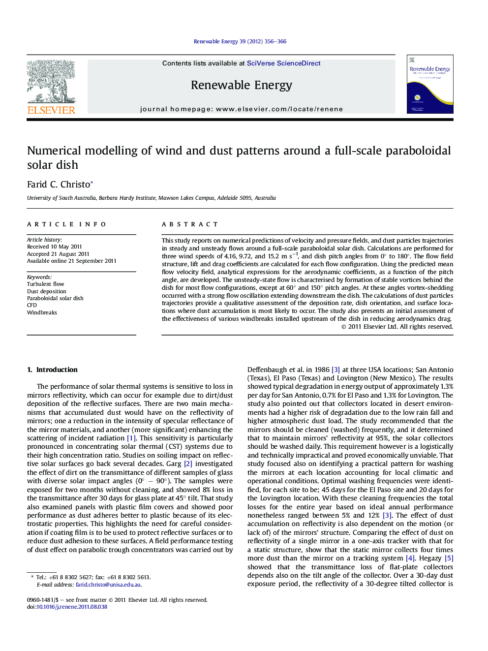 Numerical modelling of wind and dust patterns around a full-scale paraboloidal solar dish