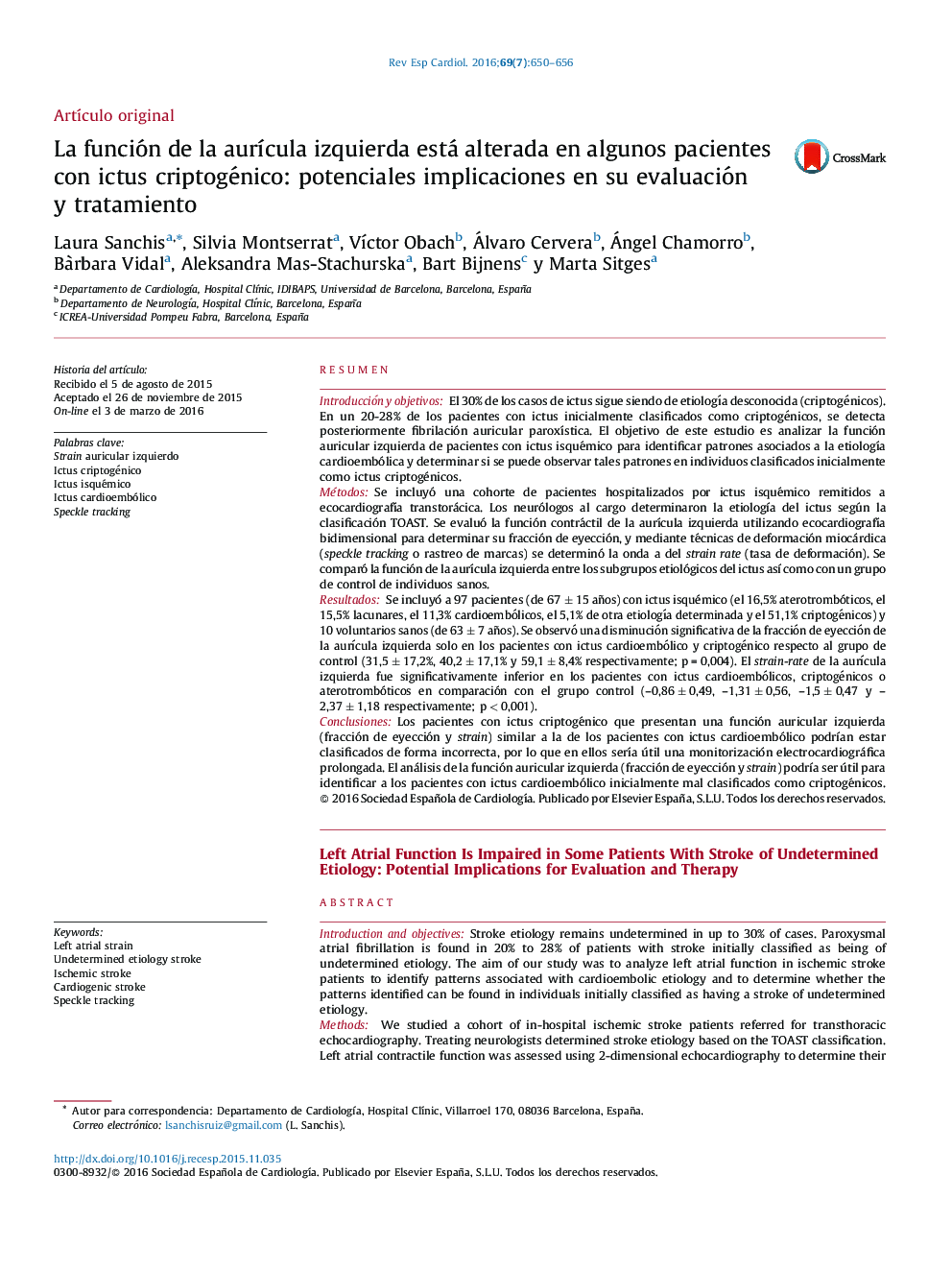 La función de la aurÃ­cula izquierda está alterada enÂ algunos pacientes conÂ ictus criptogénico: potenciales implicaciones en suÂ evaluación yÂ tratamiento