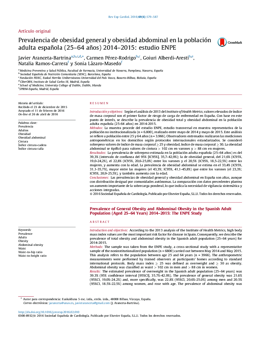 Prevalencia de obesidad general y obesidad abdominal en la población adulta española (25–64 años) 2014–2015: estudio ENPE