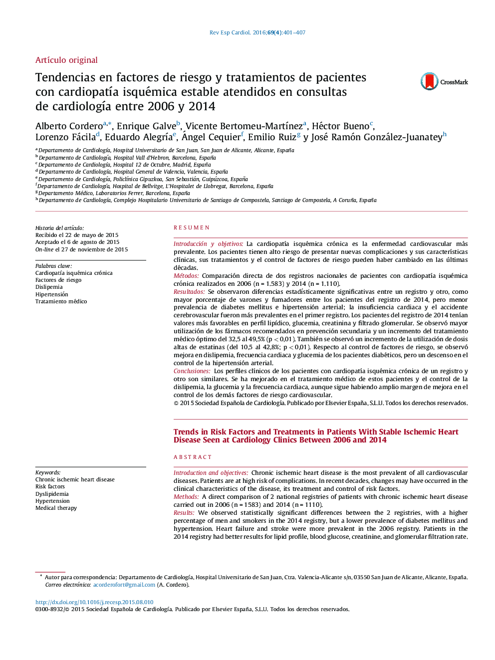 Tendencias en factores de riesgo y tratamientos de pacientes con cardiopatía isquémica estable atendidos en consultas de cardiología entre 2006 y 2014