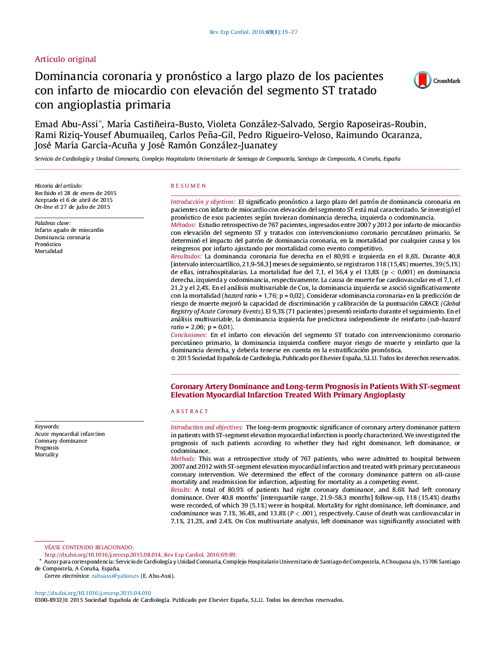 Dominancia coronaria y pronóstico a largo plazo de los pacientes con infarto de miocardio con elevación del segmento ST tratado con angioplastia primaria