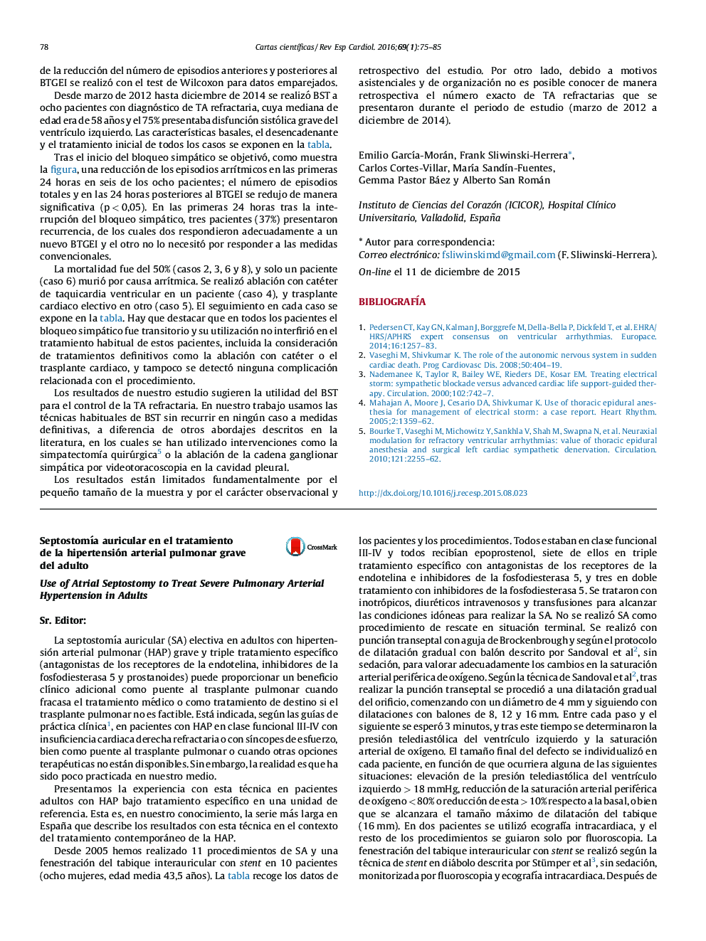 SeptostomÃ­a auricular en el tratamiento de la hipertensión arterial pulmonar grave del adulto