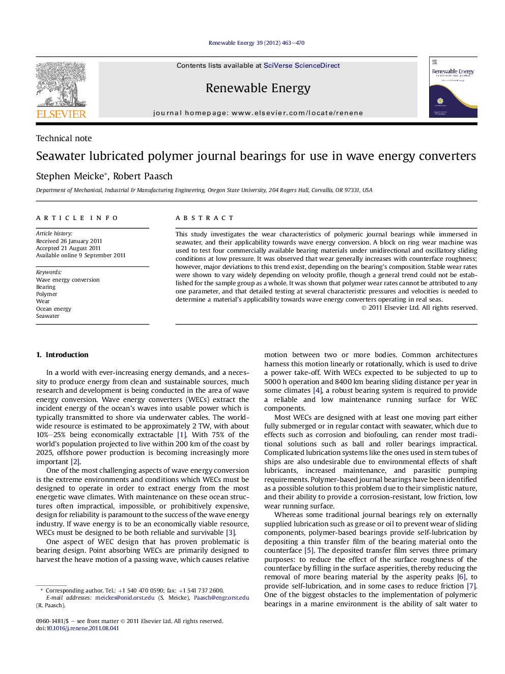 Seawater lubricated polymer journal bearings for use in wave energy converters