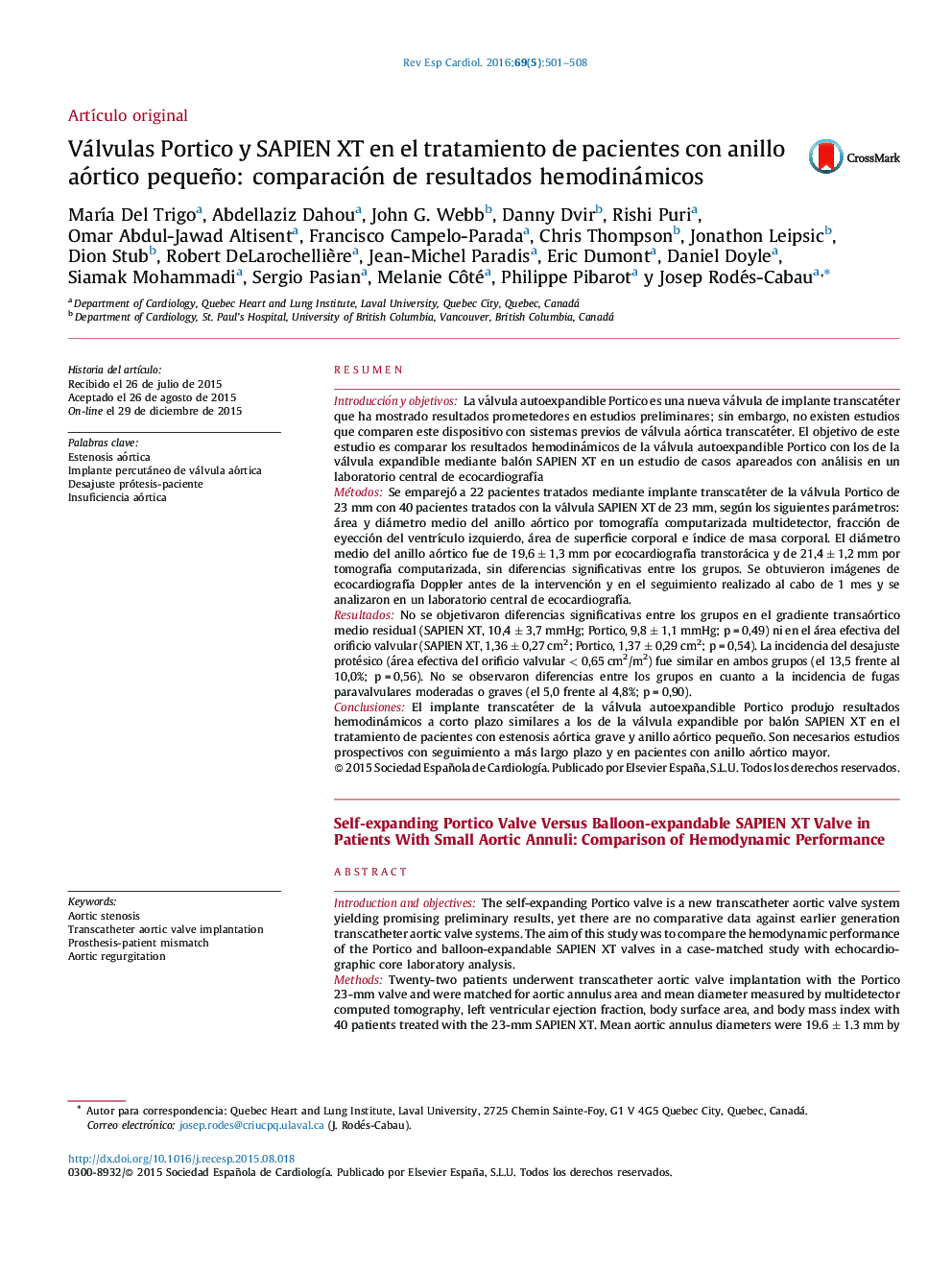 Válvulas Portico y SAPIEN XT en el tratamiento de pacientes con anillo aórtico pequeño: comparación de resultados hemodinámicos