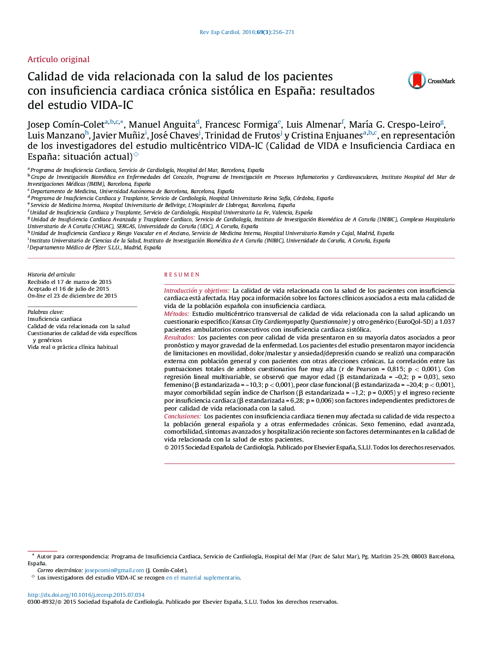 عکس صفحه اول مقاله: Calidad de vida relacionada con la salud de los pacientes con insuficiencia cardiaca crónica sistólica en España: resultados del estudio VIDA-IC Calidad de vida relacionada con la salud de los pacientes con insuficiencia cardiaca crónica sistólica en España: resultados del estudio VIDA-IC