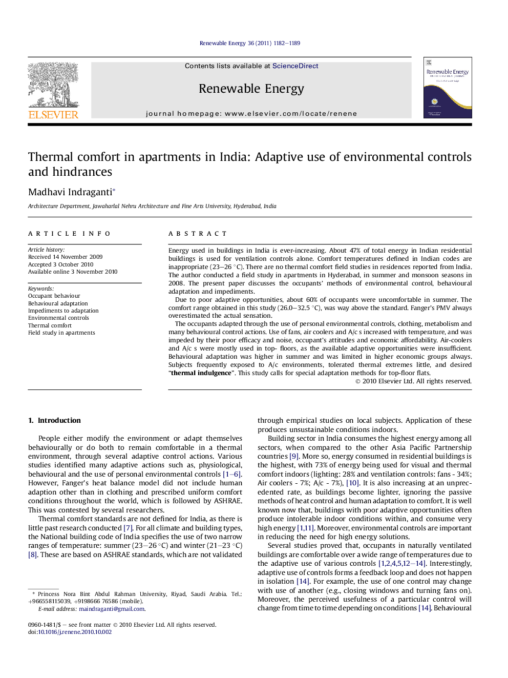 Thermal comfort in apartments in India: Adaptive use of environmental controls and hindrances