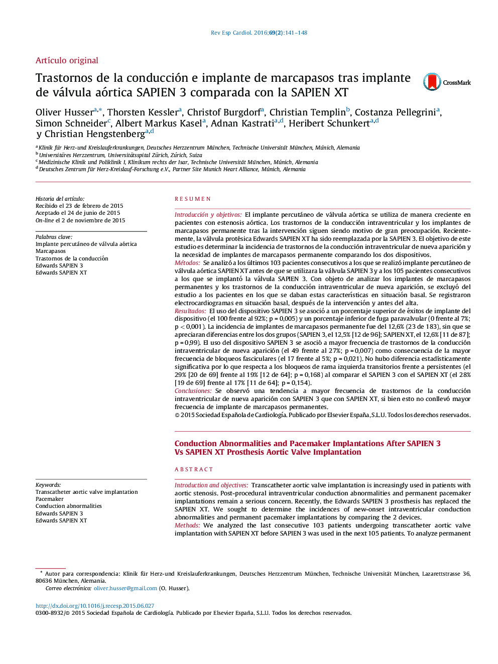 Trastornos de la conducción e implante de marcapasos tras implante de válvula aórtica SAPIEN 3 comparada con la SAPIEN XT