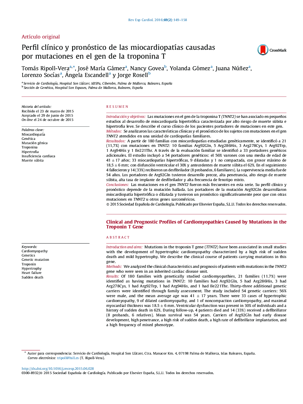 Perfil clÃ­nico y pronóstico de las miocardiopatÃ­as causadas por mutaciones en el gen de la troponina T