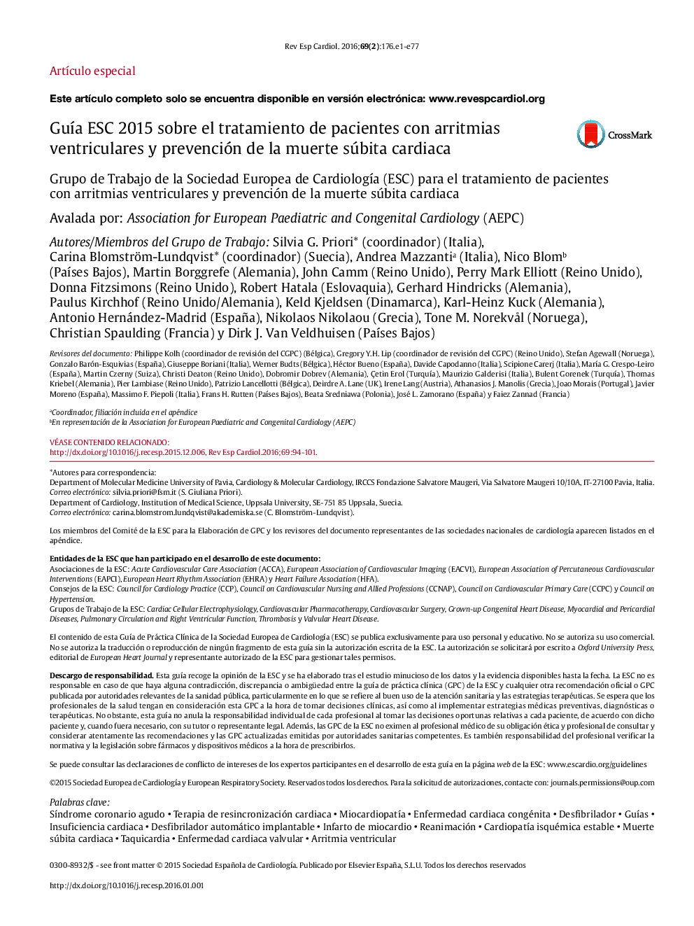 عکس صفحه اول مقاله: GuÃa ESC 2015 sobre el tratamiento de pacientes con arritmiasventriculares y prevención de la muerte súbita cardiaca GuÃa ESC 2015 sobre el tratamiento de pacientes con arritmiasventriculares y prevención de la muerte súbita cardiaca