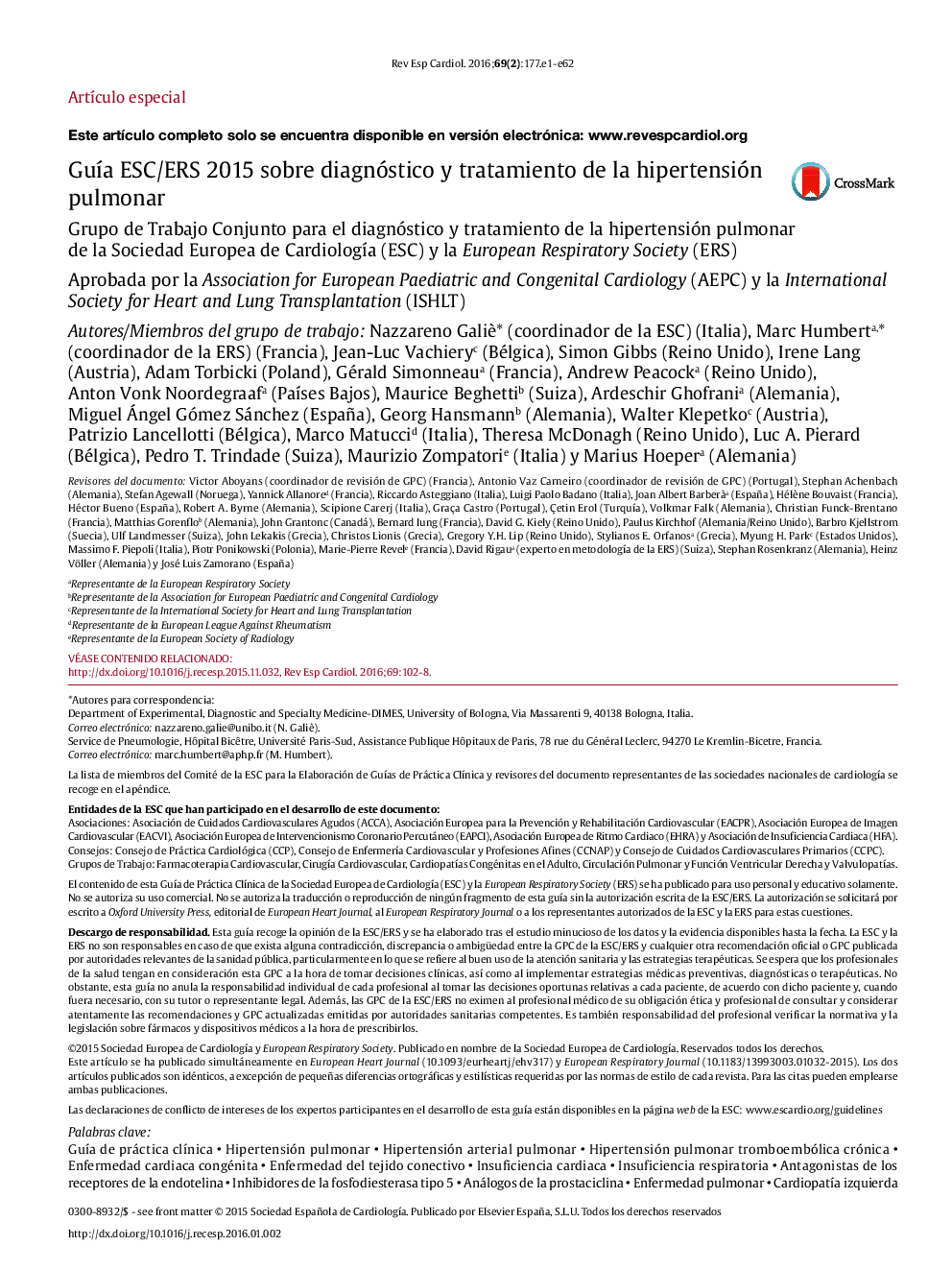 GuÃ­a ESC/ERS 2015 sobre diagnóstico y tratamiento de la hipertensión pulmonar