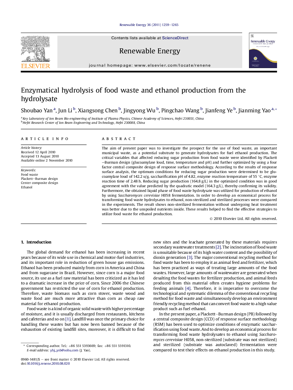 Enzymatical hydrolysis of food waste and ethanol production from the hydrolysate