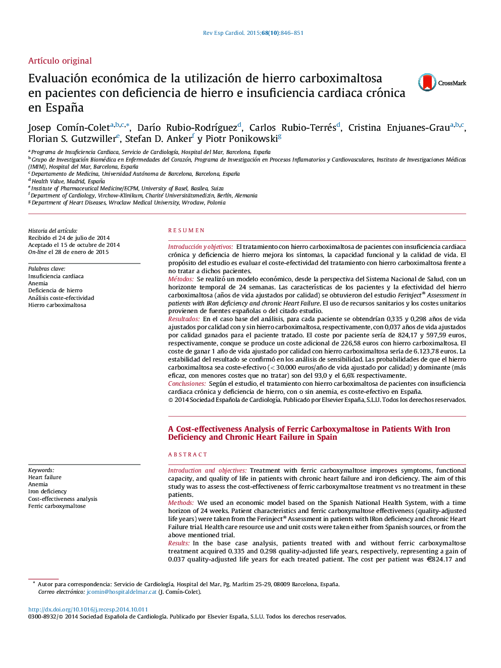 Evaluación económica de la utilización de hierro carboximaltosa en pacientes con deficiencia de hierro e insuficiencia cardiaca crónica en España