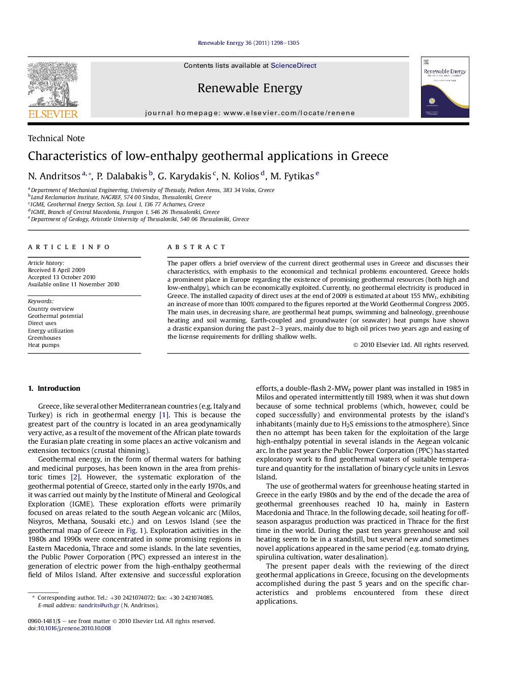 Characteristics of low-enthalpy geothermal applications in Greece