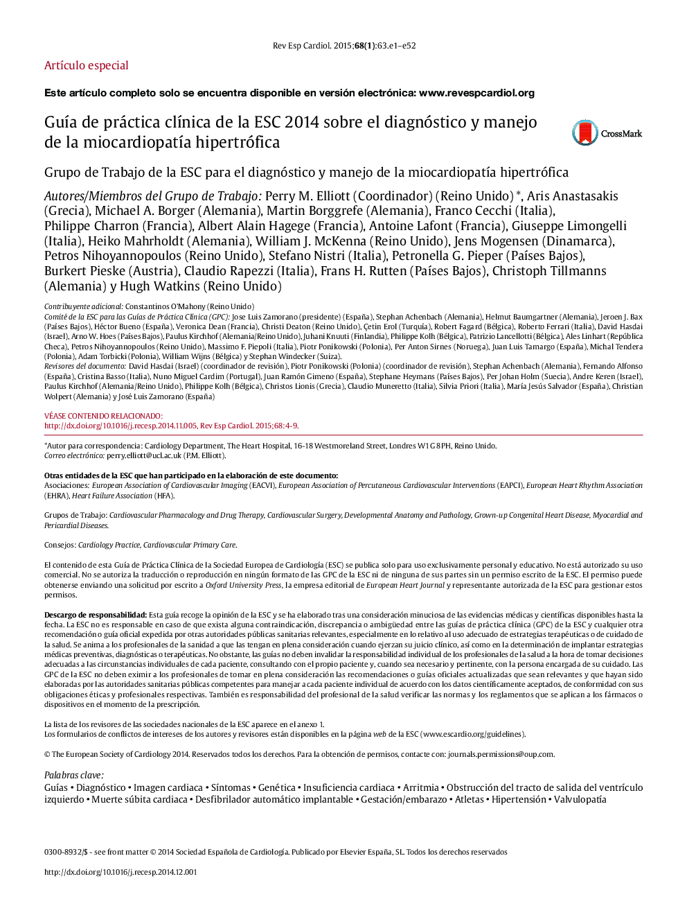 GuÃ­a de práctica clÃ­nica de la ESC 2014 sobre el diagnóstico y manejo de la miocardiopatÃ­a hipertrófica