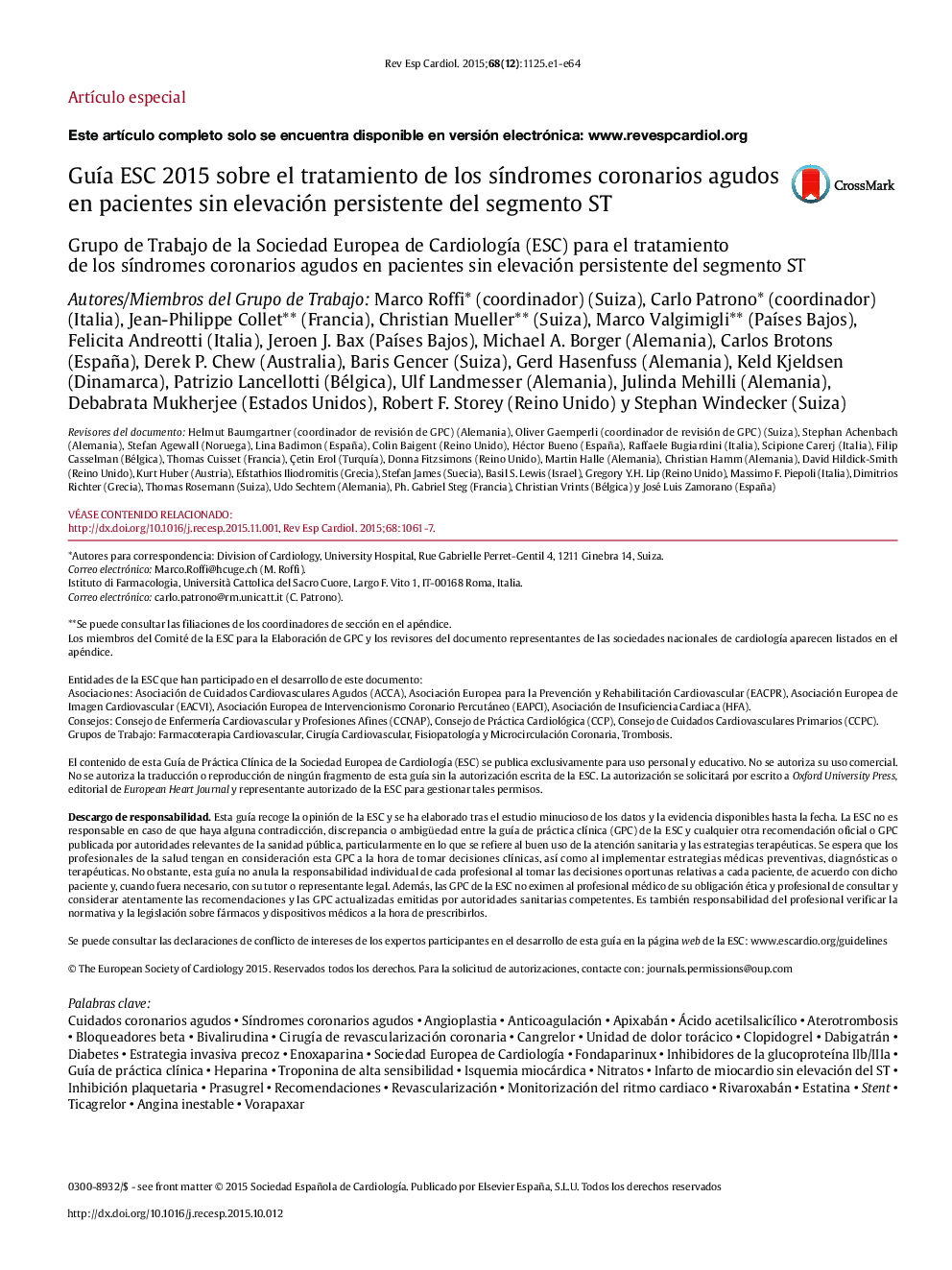 GuÃ­a ESC 2015 sobre el tratamiento de los sÃ­ndromes coronarios agudos en pacientes sin elevación persistente del segmento ST