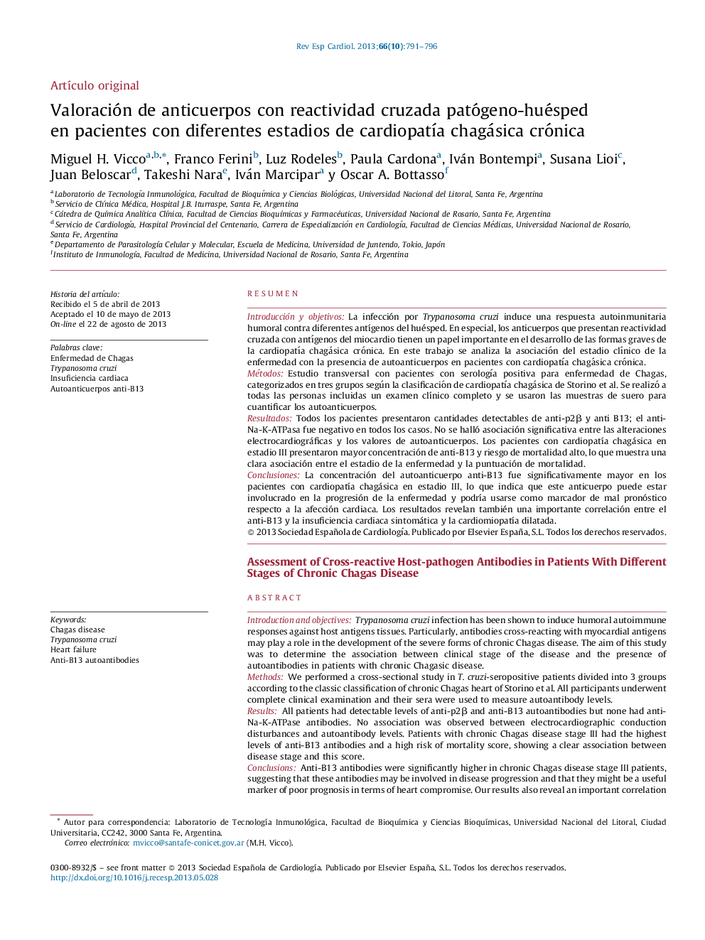 Valoración de anticuerpos con reactividad cruzada patógeno-huésped en pacientes con diferentes estadios de cardiopatía chagásica crónica