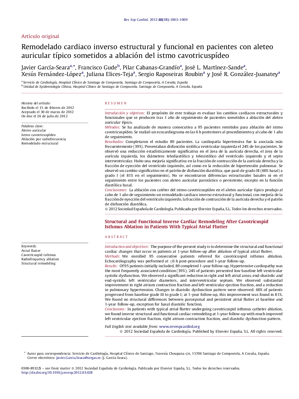 Remodelado cardiaco inverso estructural y funcional en pacientes con aleteo auricular tÃ­pico sometidos aÂ ablación del istmo cavotricuspÃ­deo