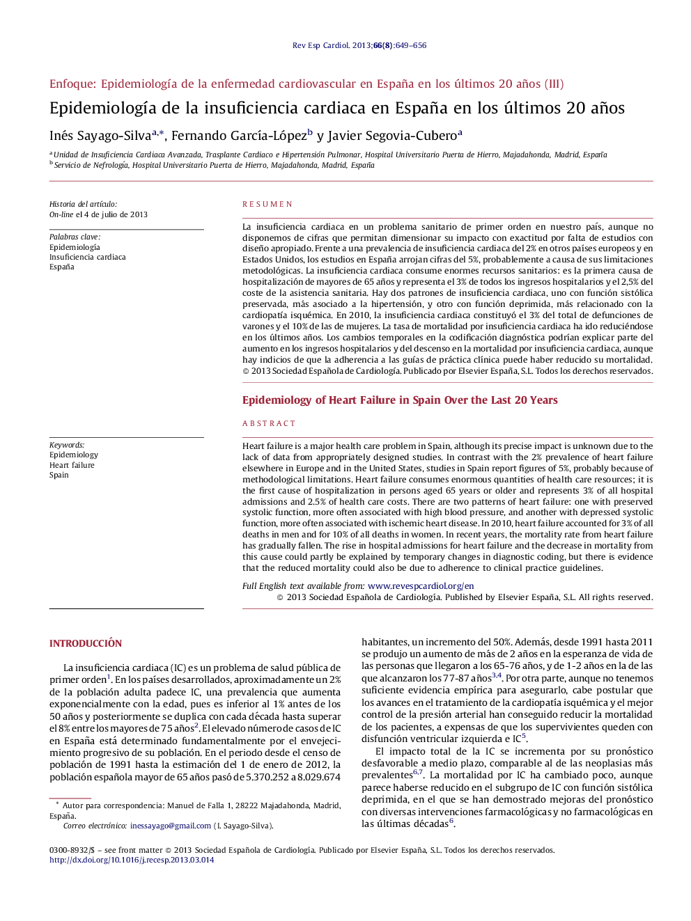 Epidemiología de la insuficiencia cardiaca en España en los últimos 20 años