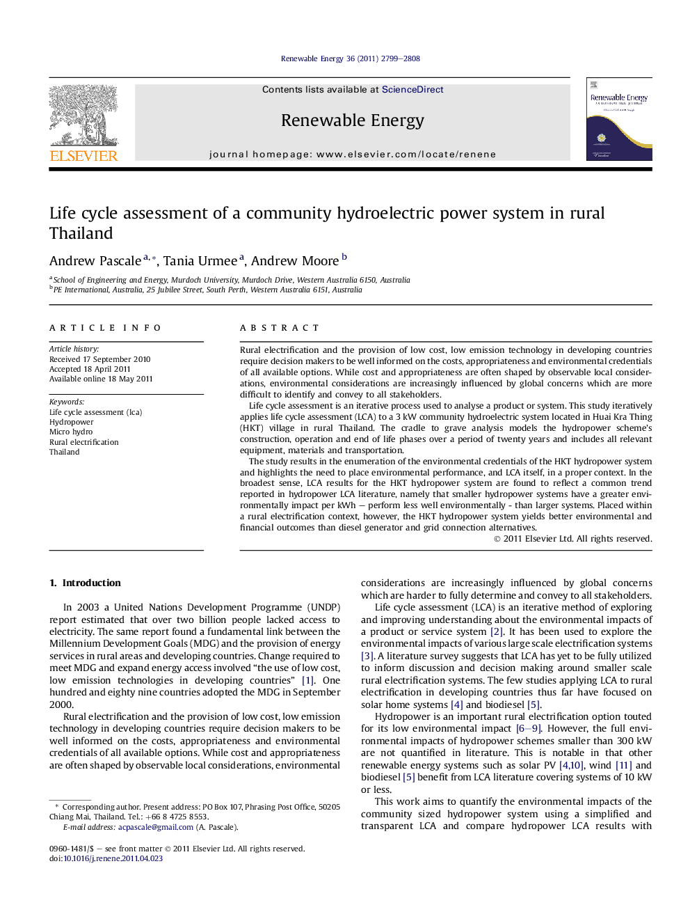 Life cycle assessment of a community hydroelectric power system in rural Thailand