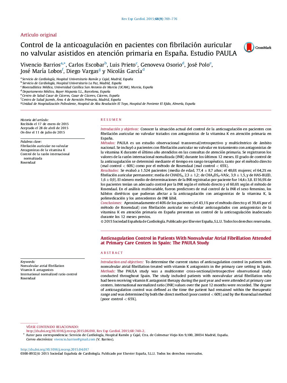 Control de la anticoagulación en pacientes con fibrilación auricular no valvular asistidos en atención primaria en España. Estudio PAULA