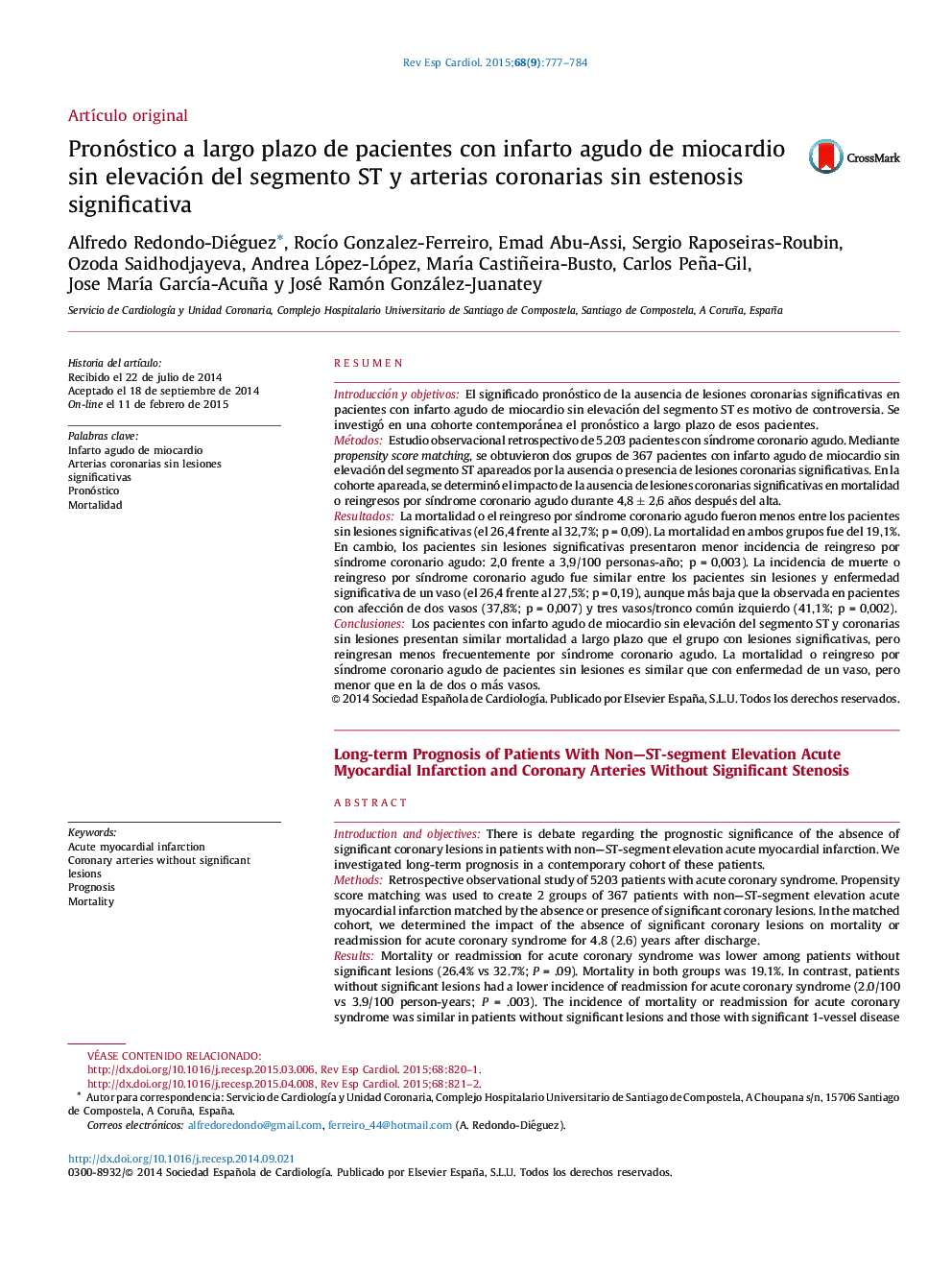 عکس صفحه اول مقاله: Pronóstico a largo plazo de pacientes con infarto agudo de miocardio sin elevación del segmento ST y arterias coronarias sin estenosis significativa Pronóstico a largo plazo de pacientes con infarto agudo de miocardio sin elevación del segmento ST y arterias coronarias sin estenosis significativa