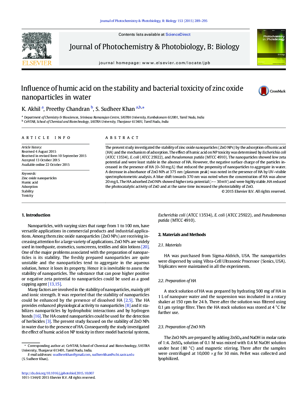 Influence of humic acid on the stability and bacterial toxicity of zinc oxide nanoparticles in water