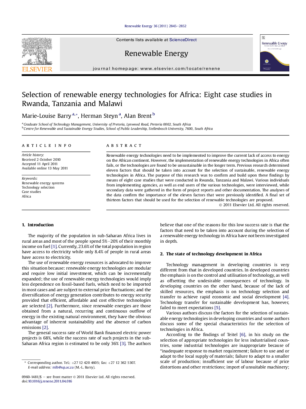 Selection of renewable energy technologies for Africa: Eight case studies in Rwanda, Tanzania and Malawi