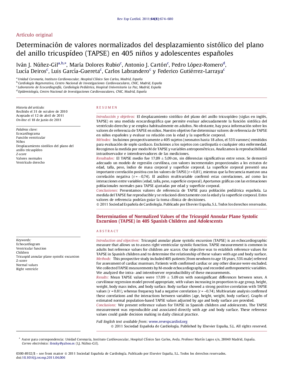 Determinación de valores normalizados del desplazamiento sistólico del plano del anillo tricuspídeo (TAPSE) en 405 niños y adolescentes españoles