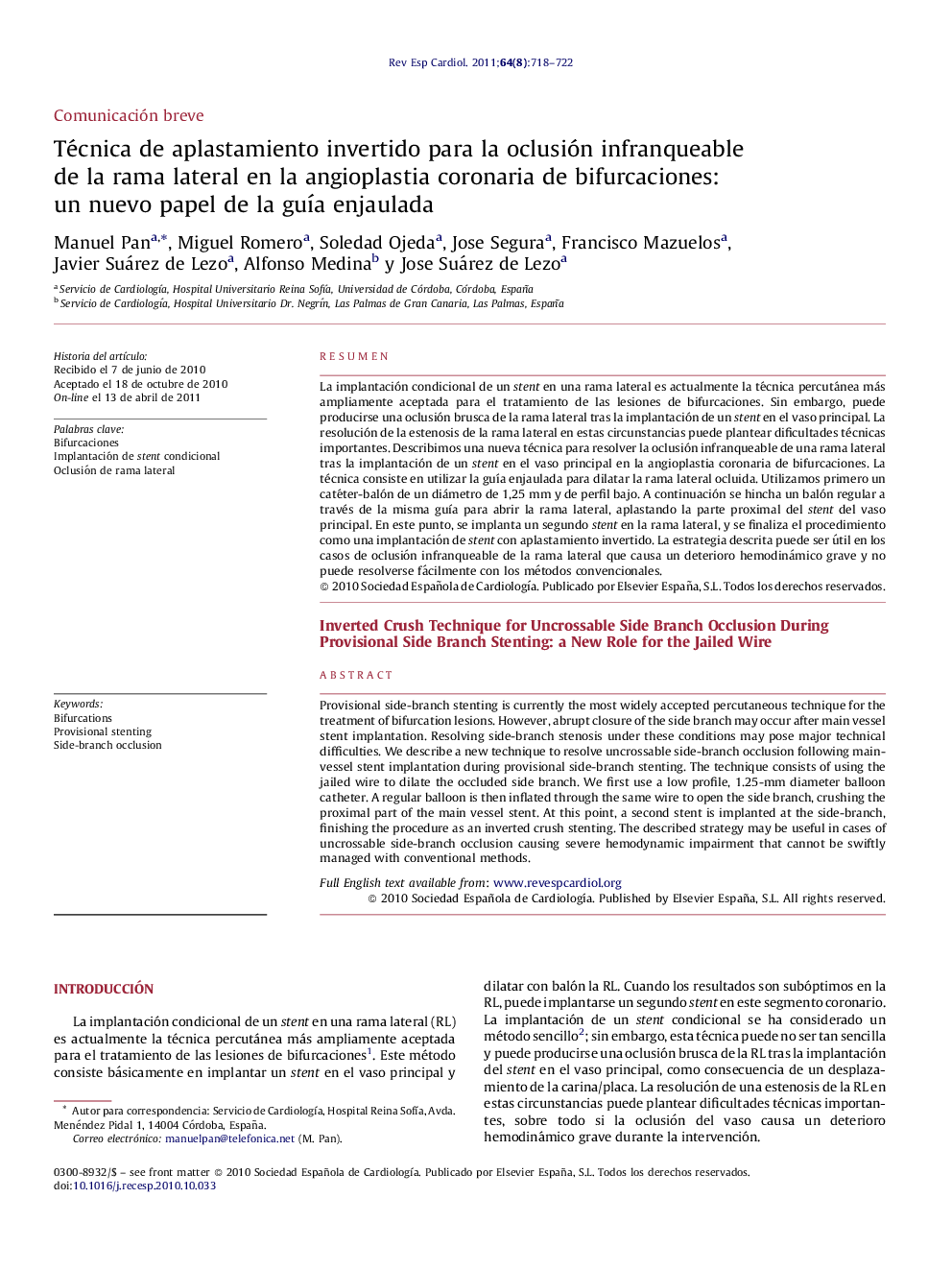 Técnica de aplastamiento invertido para la oclusión infranqueable de la rama lateral en la angioplastia coronaria de bifurcaciones: un nuevo papel de la guÃ­a enjaulada