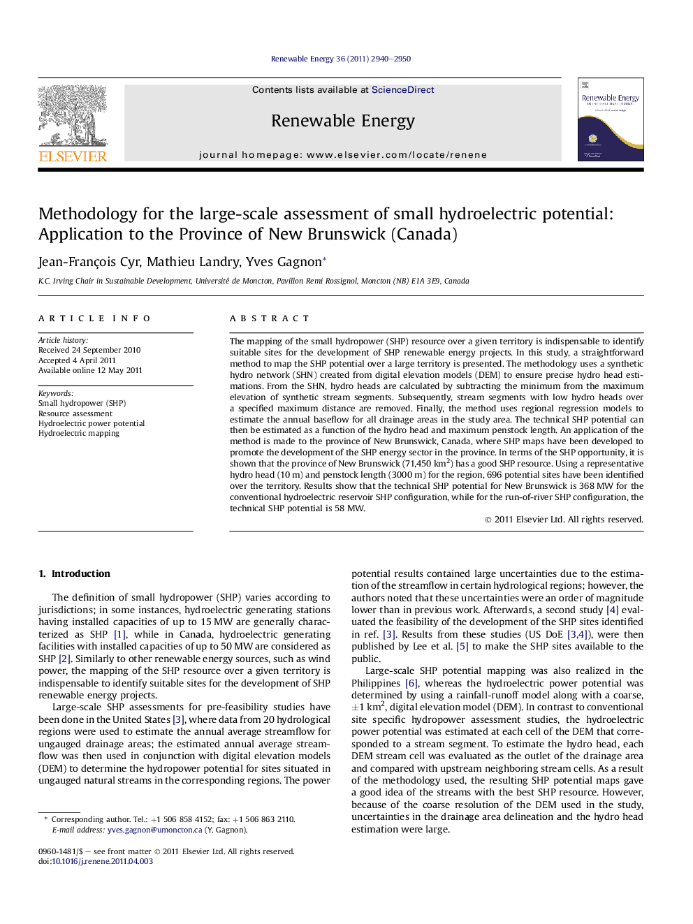 Methodology for the large-scale assessment of small hydroelectric potential: Application to the Province of New Brunswick (Canada)