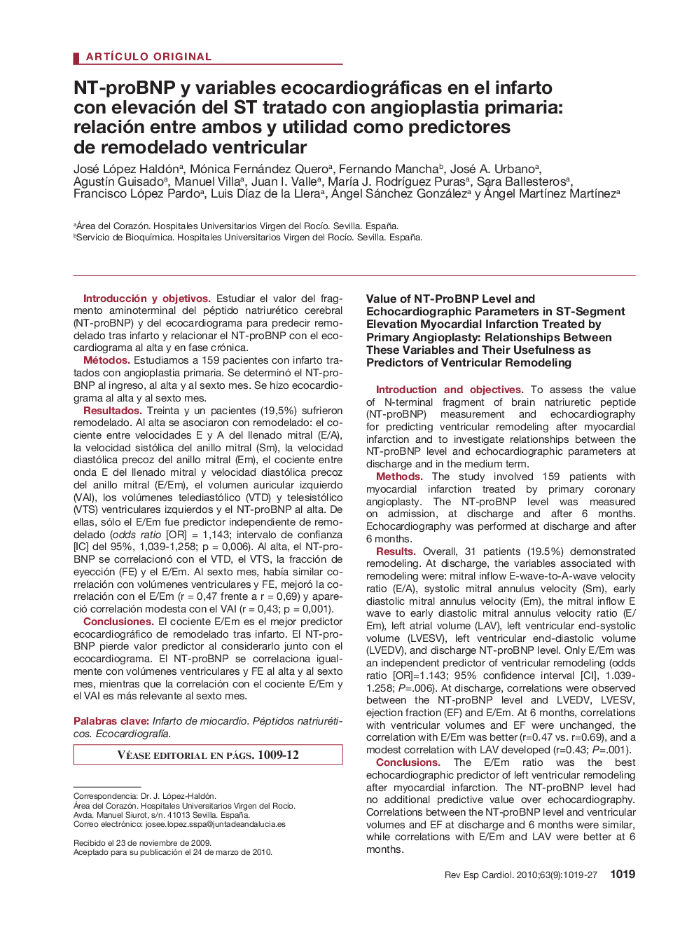 NT-proBNP y variables ecocardiográficas en el infarto con elevación del ST tratado con angioplastia primaria: relación entre ambos y utilidad como predictores de remodelado ventricular