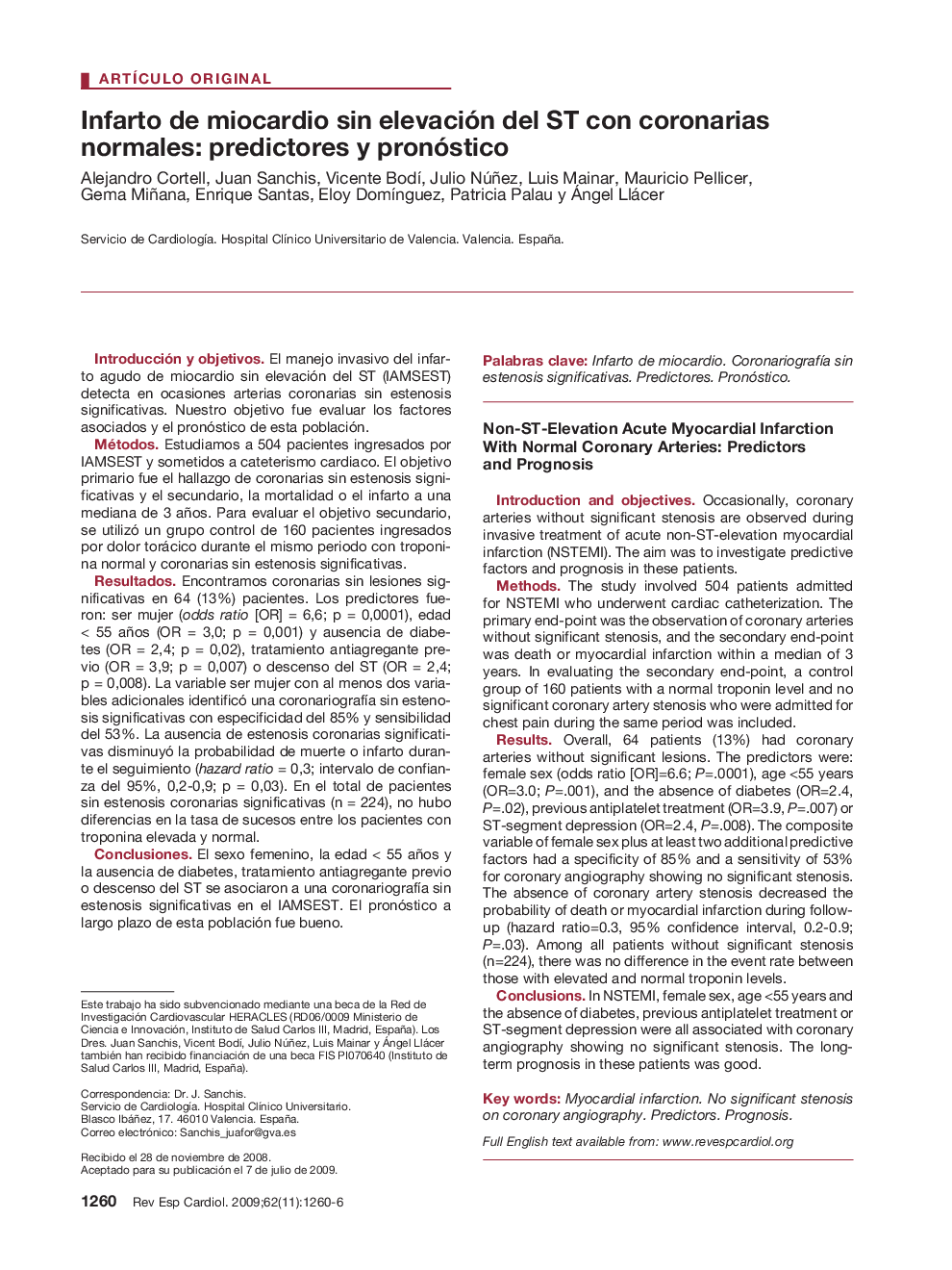 Infarto de miocardio sin elevación del ST con coronarias normales: predictores y pronóstico